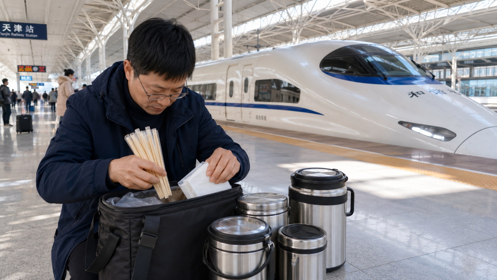 A traveler preparing for a high-speed train journey in China by packing homemade meals and utensils, showcasing practical travel habits.