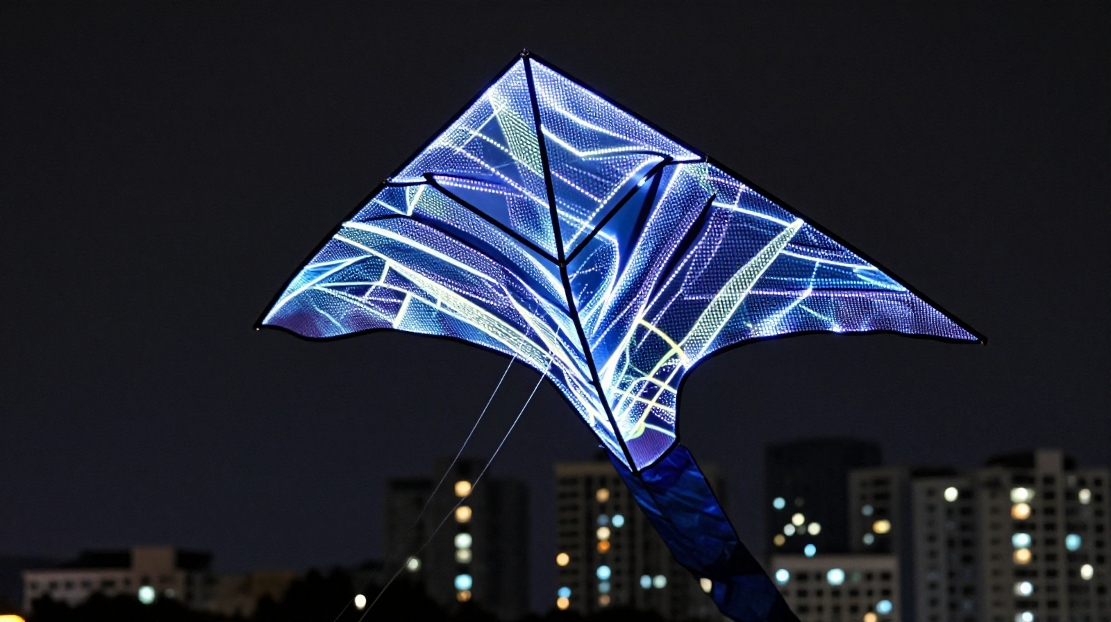 A massive LED dragon kite illuminated with bright neon lights flying against a dark city skyline at night.