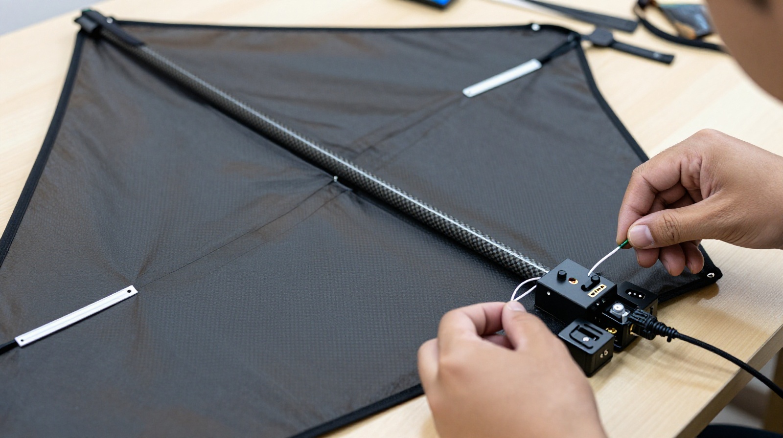 Technician assembling the internal electronics and frame of a large LED kite in a workshop.