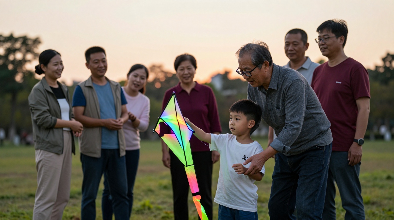 A grandfather and child sharing a moment while flying a small LED kite in a community park.