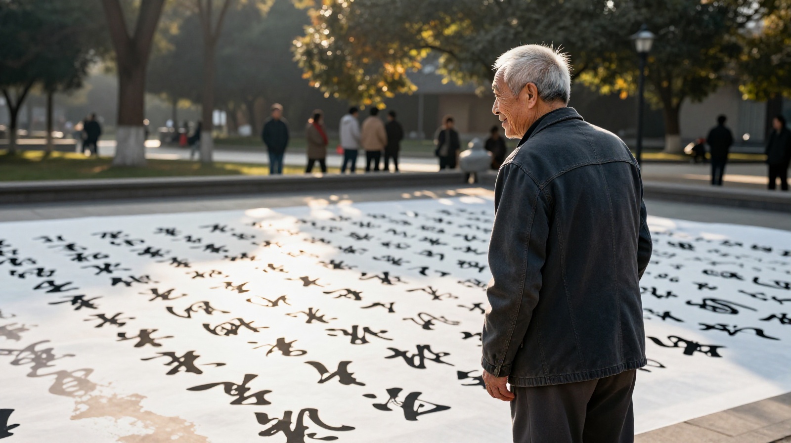 An elderly man admiring his temporary water calligraphy as the sun dries it away