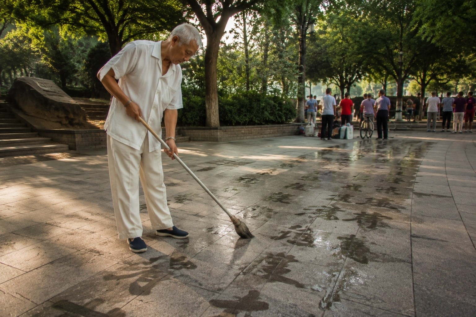 The Park Elders Who Write Giant Poems with Water That Evaporate in Minutes