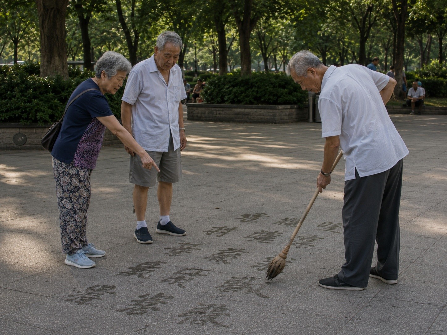 Seniors interacting and learning calligraphy techniques from each other on the park ground