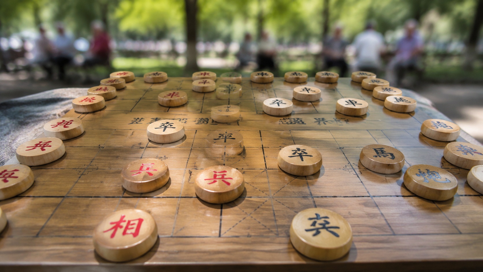 Close-up view of a Chinese Chess board with red and black pieces arranged in a strategic formation during a street game.