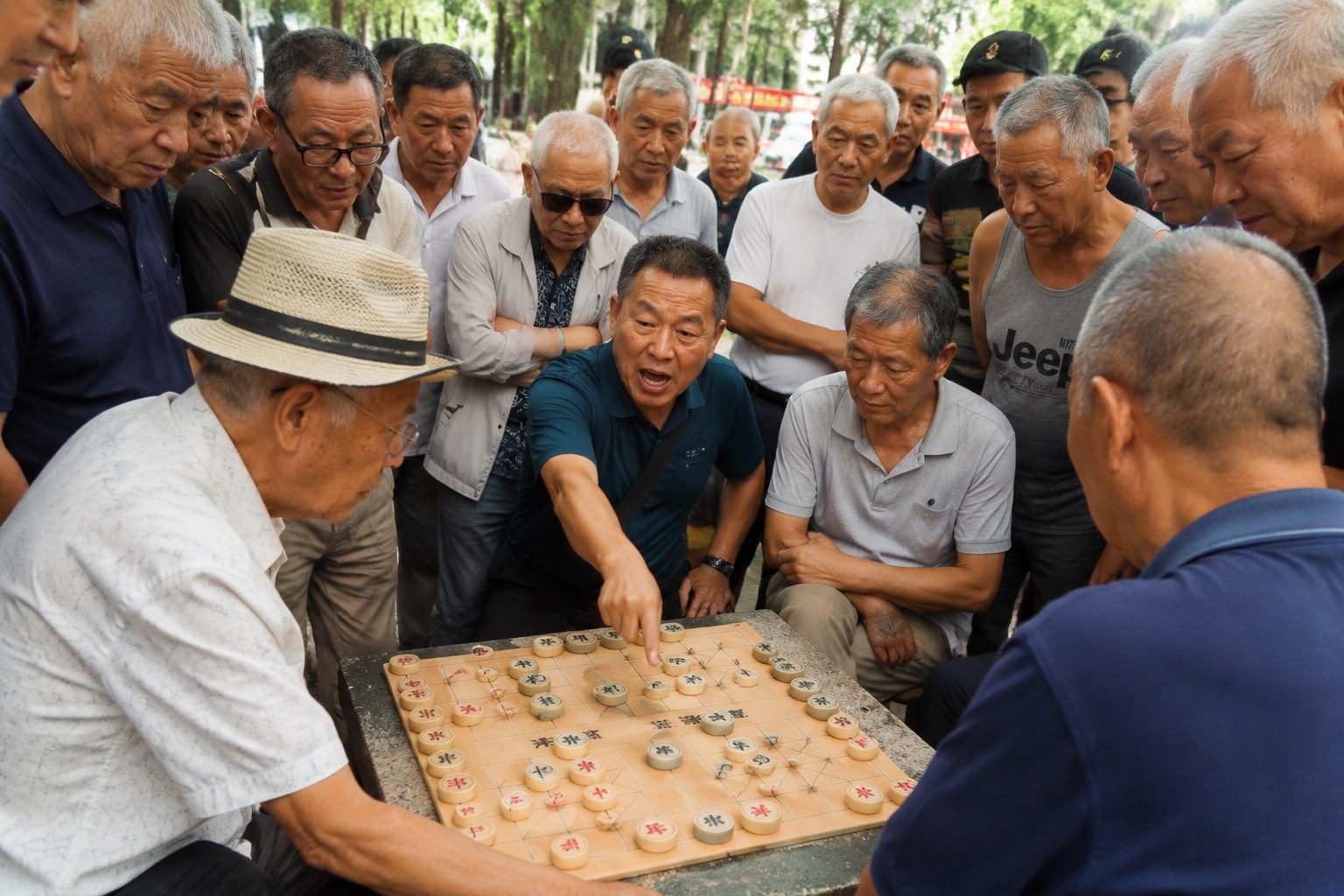Animated crowd of older men watching and commenting on a street chess game in China.