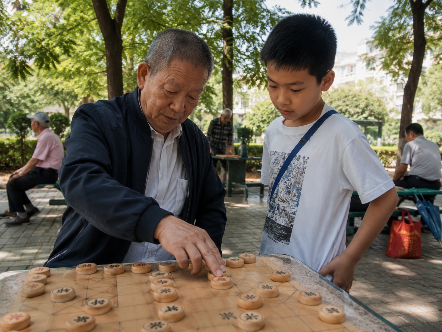 A young man watching an old man play chess on a park bench, highlighting intergenerational connection.