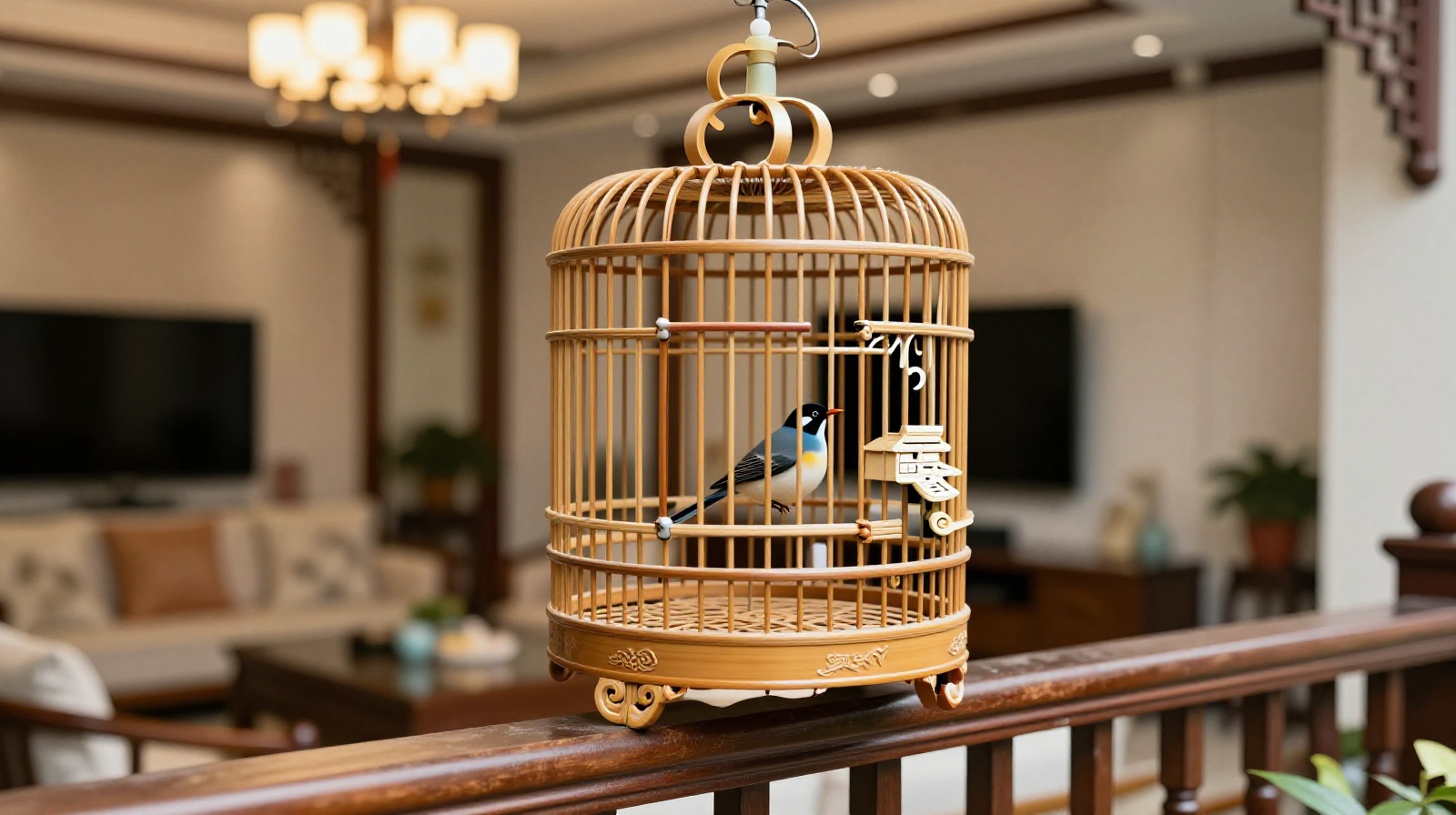 An ornate bamboo birdcage hanging on a balcony, representing the traditional urban hobby of bird keeping in China.