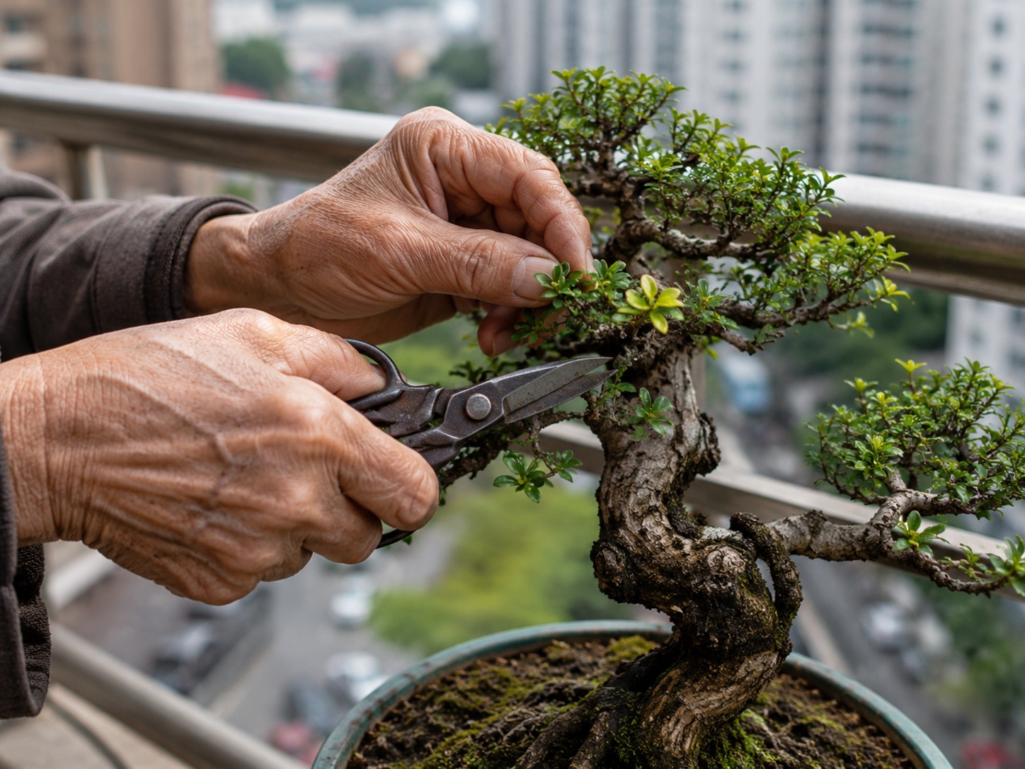 A close-up view of an elderly man's hands trimming a bonsai tree on a residential balcony, highlighting the traditional art of penjing in an urban setting.