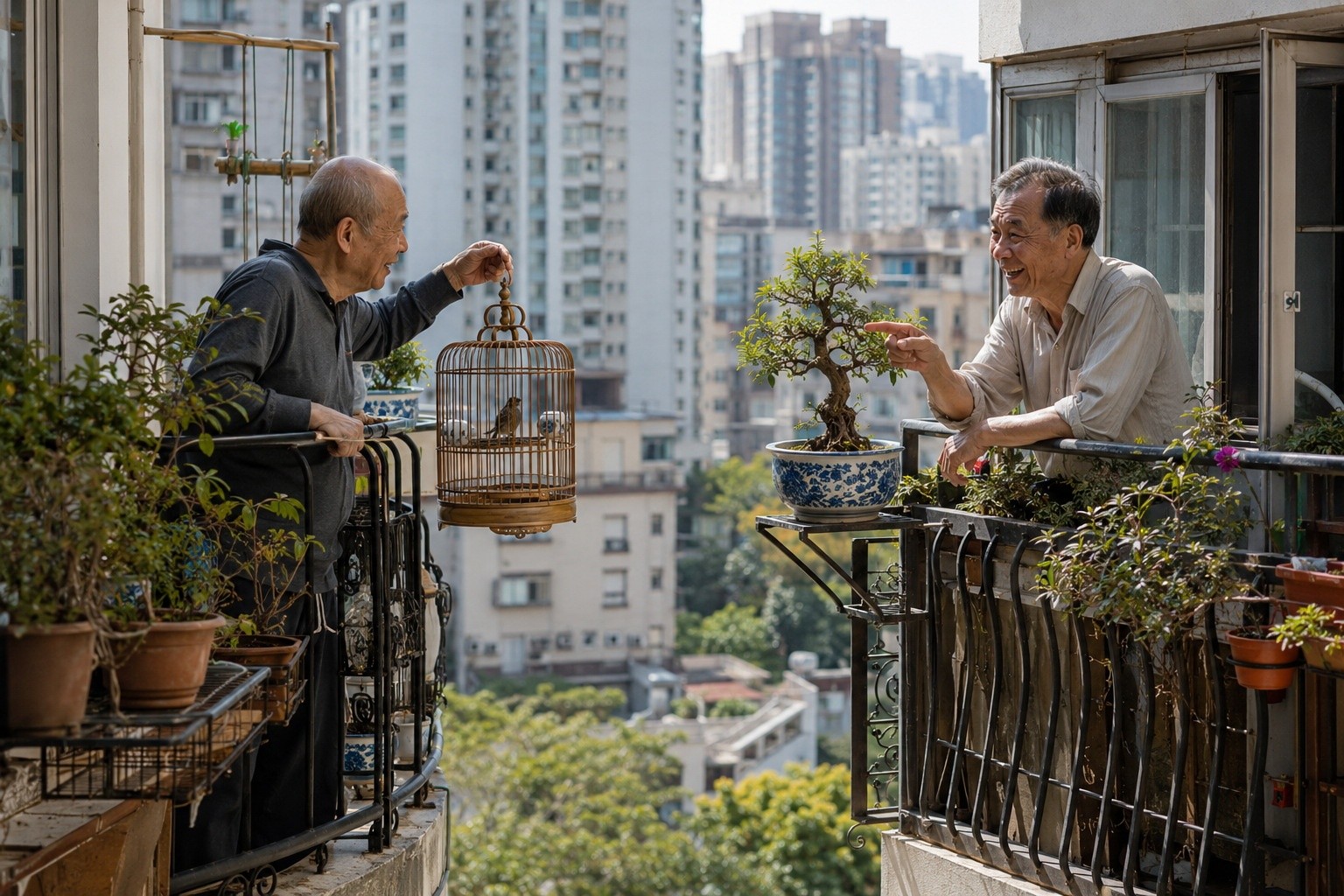 Two Chinese grandpas chatting between their balconies, exchanging tips on bonsai and bird care in a residential complex.