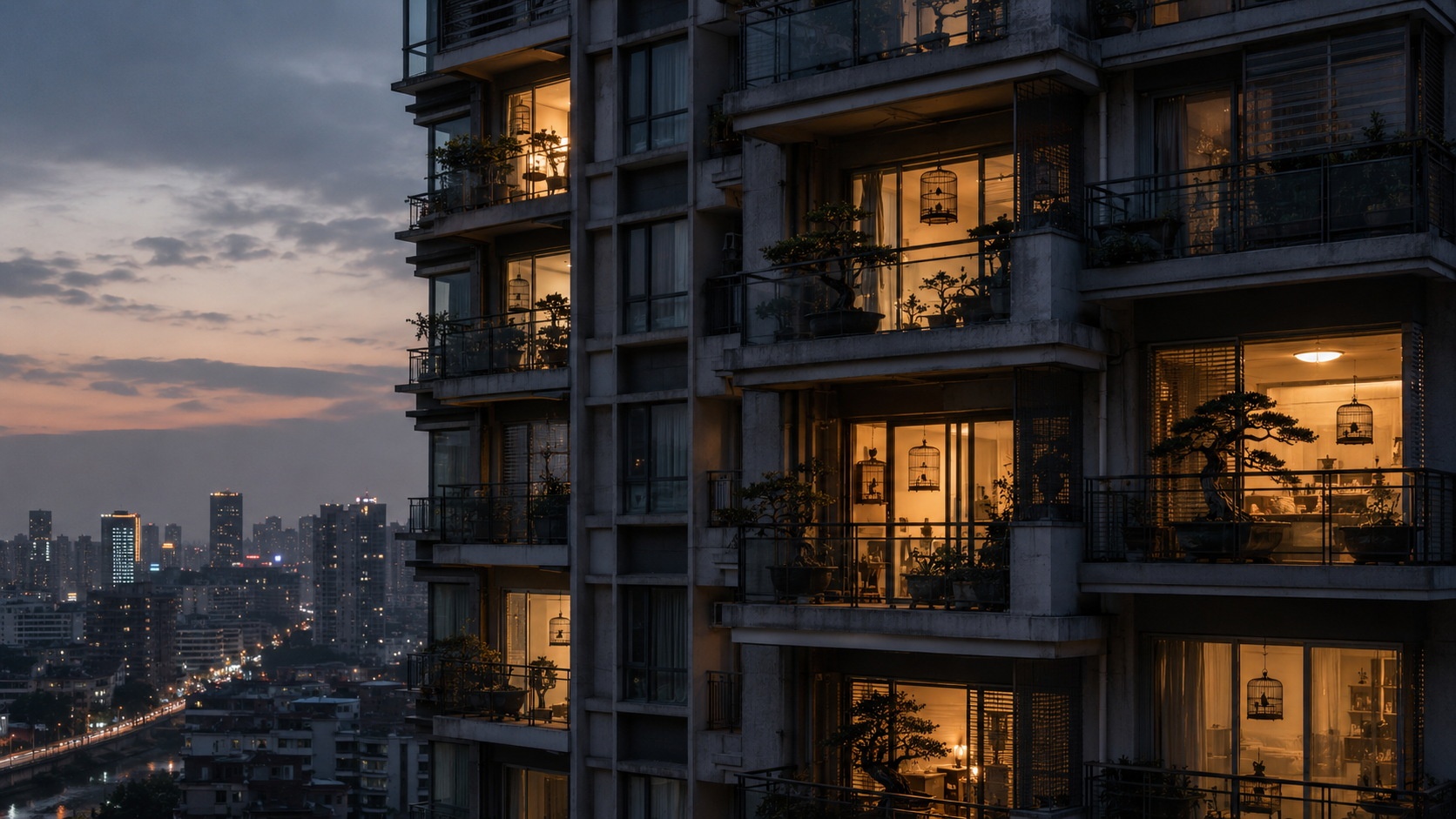 Silhouettes of bonsai trees and birdcages on the balconies of a Chinese high-rise apartment building at twilight.