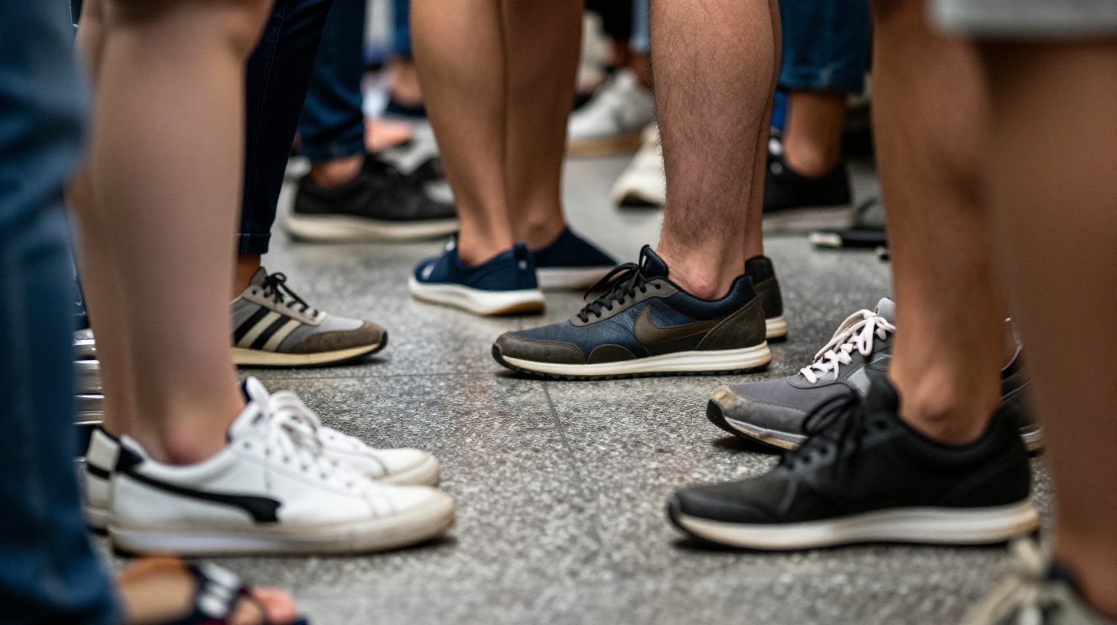 A close-up view of people's feet standing densely on a subway platform in China, illustrating the fluid dynamics of urban crowds.