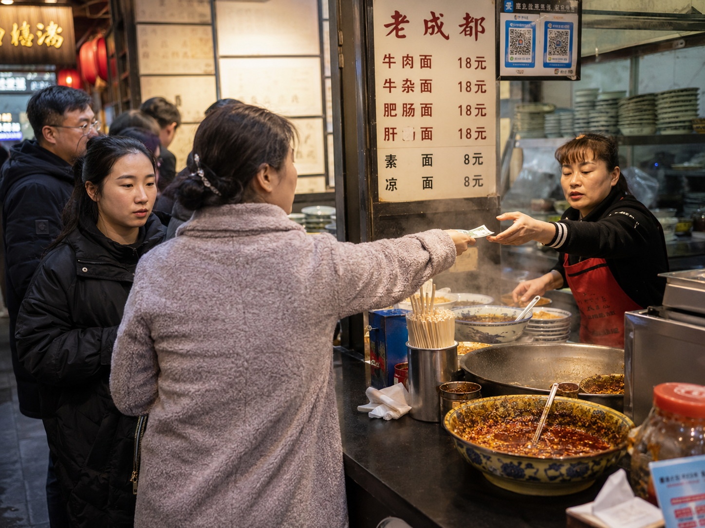 Customers interacting at a busy noodle shop counter in China, demonstrating the efficient use of space in queuing.