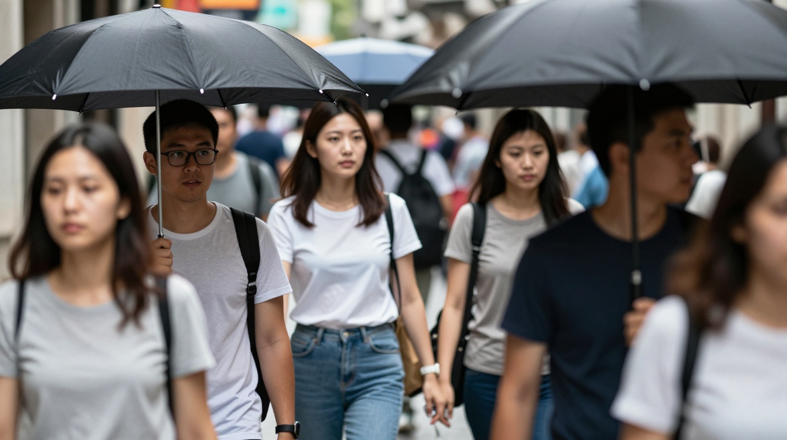 Pedestrians subtly adjusting their path and umbrella positions to navigate a crowded street in China