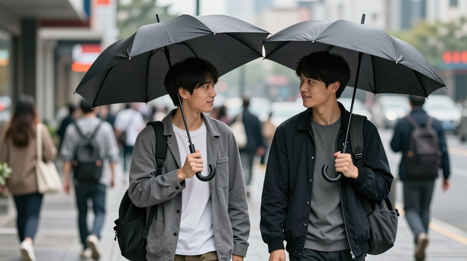 Two pedestrians coordinating their movement with umbrellas on a busy Chinese street