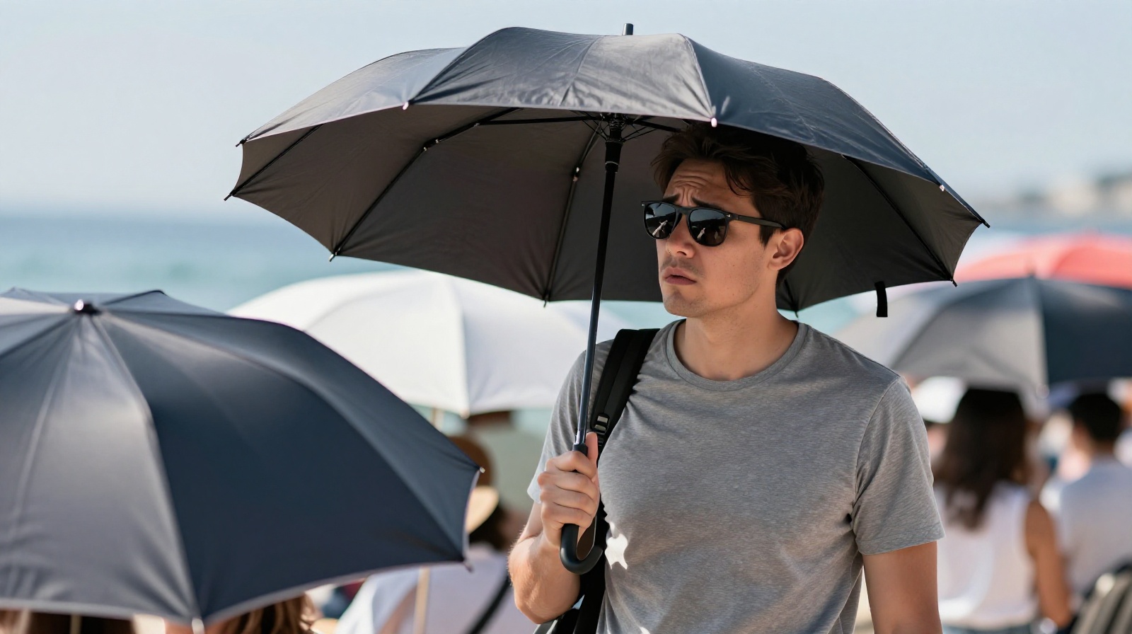A foreign tourist trying out a sun umbrella for the first time on a busy Chinese street