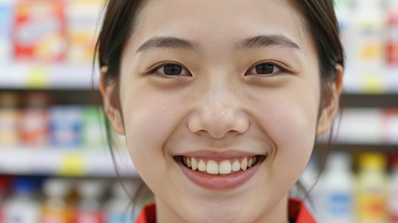 A close-up portrait of a Chinese shop assistant smiling warmly, demonstrating the friendly and enthusiastic 'service voice' culture in Chinese retail.