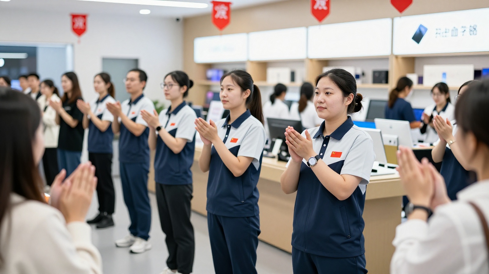 Staff in a Chinese electronics store lining up to greet customers with synchronized, high-energy welcomes, illustrating the collective nature of Chinese service culture.