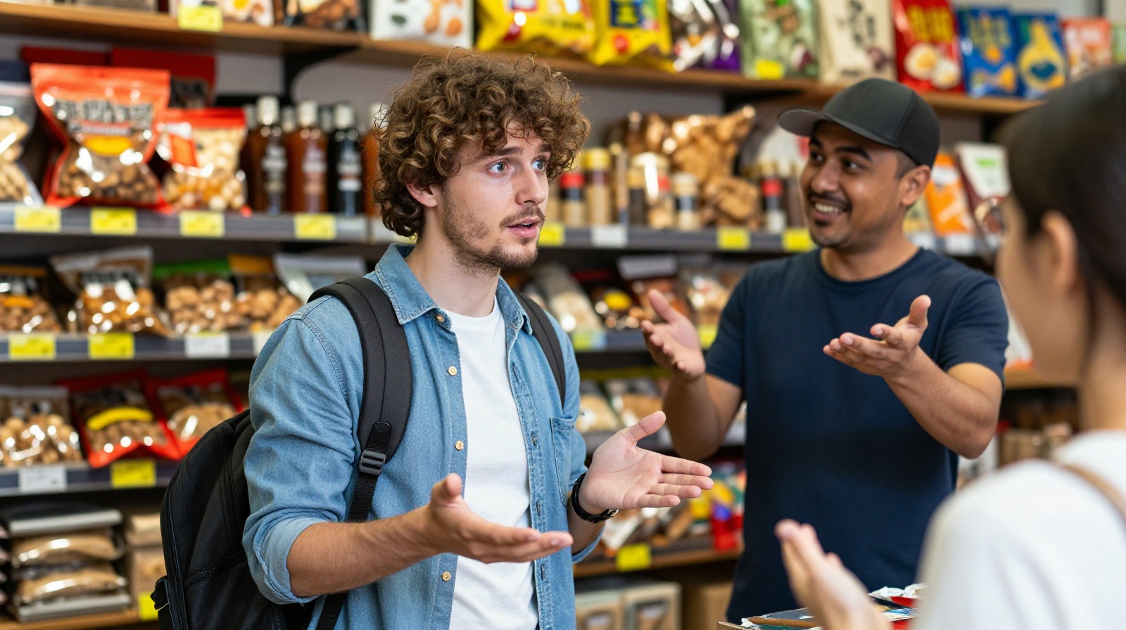 An international visitor navigating a Chinese shop, experiencing the loud but friendly 'service voice' for the first time, highlighting cultural exchange in daily life.