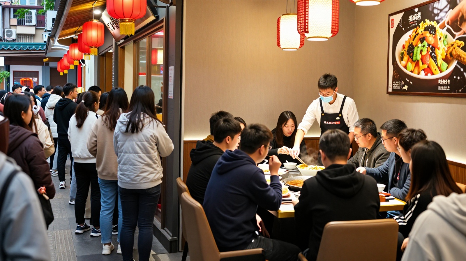 Visual explanation of high table turnover rates in Chinese restaurants due to popularity and space constraints.
