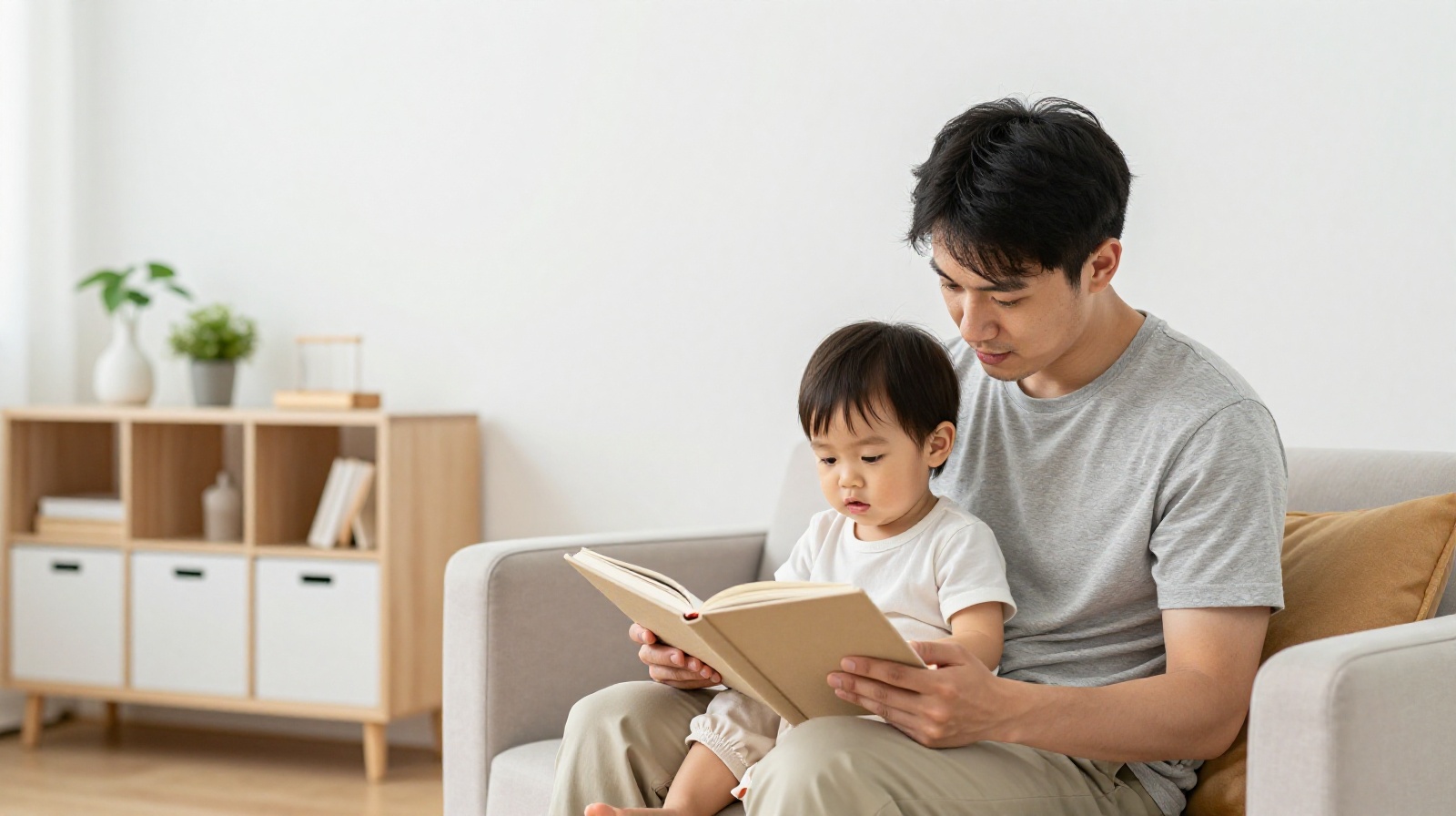 A modern, minimalist nursery in a Chinese city where a father is reading to his child, symbolizing contemporary parenting trends.