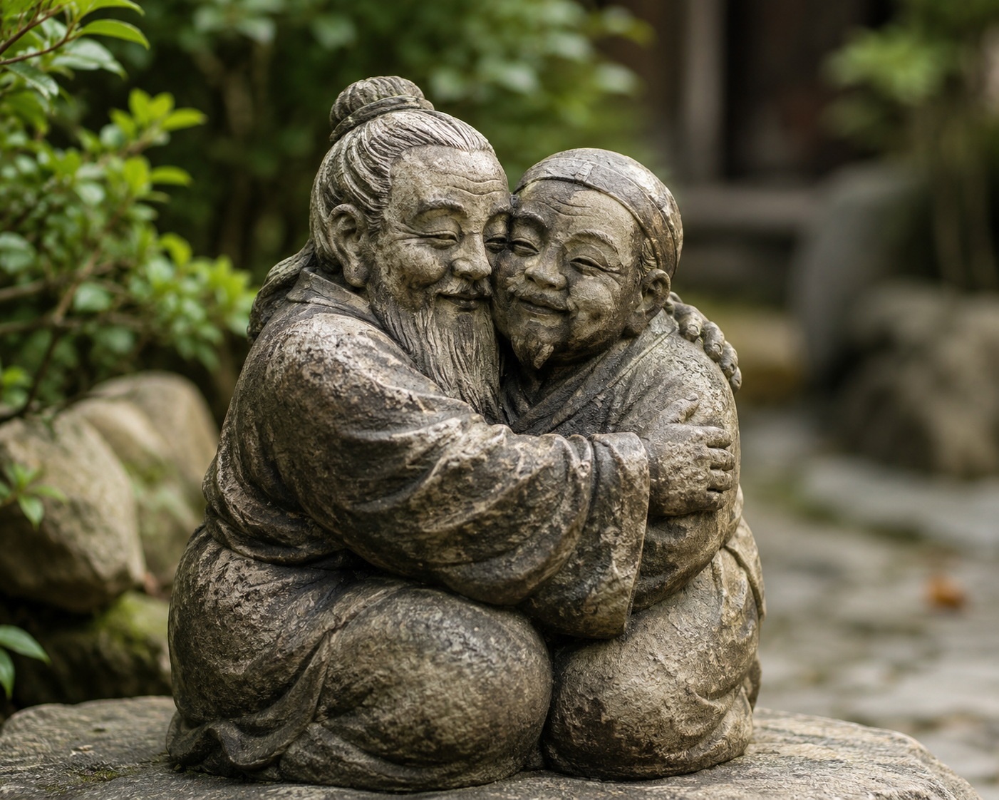 A close-up of a weathered stone lion statue in a Chinese garden, representing traditional cultural symbols used in parenting rituals.