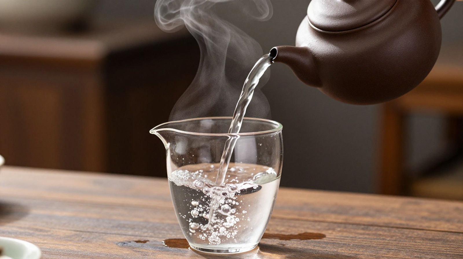 A close-up of a teapot pouring water into a glass, symbolizing the Chinese cultural value of hospitality and the concept of 'tea and water overflowing'.