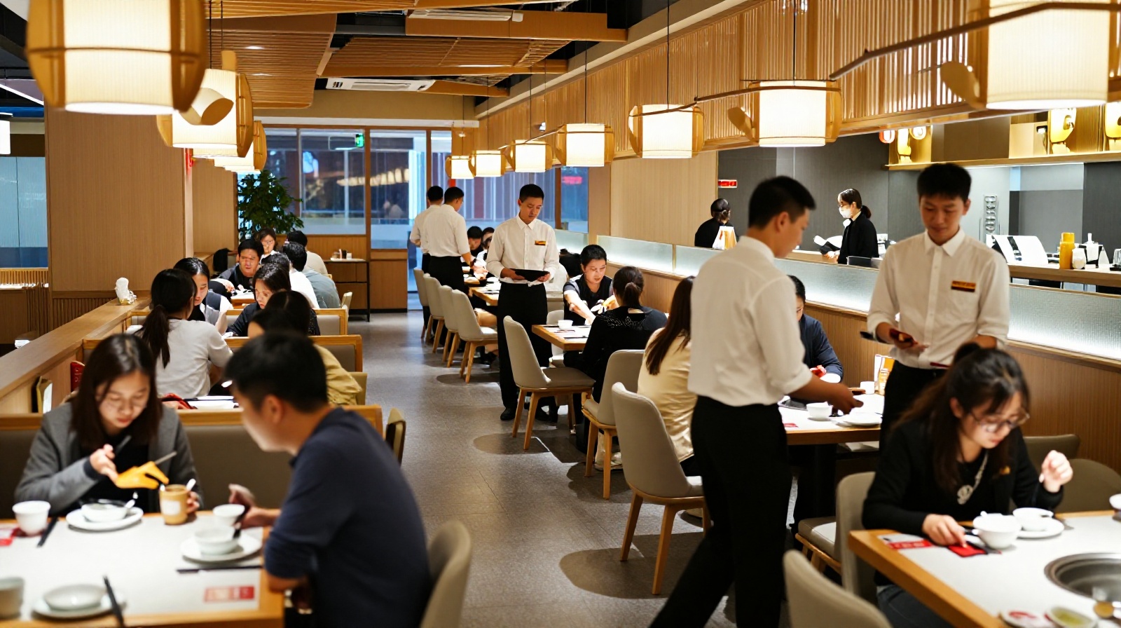 Waiters actively serving customers in a busy modern Chinese restaurant, illustrating the competitive and attentive nature of China's dining industry.