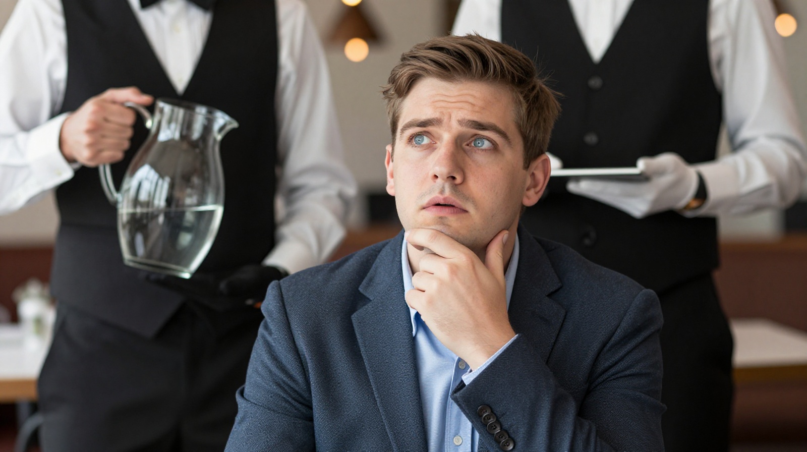 A traveler observing the attentive service style in a Chinese restaurant, highlighting the contrast between Western privacy norms and Chinese hospitality.