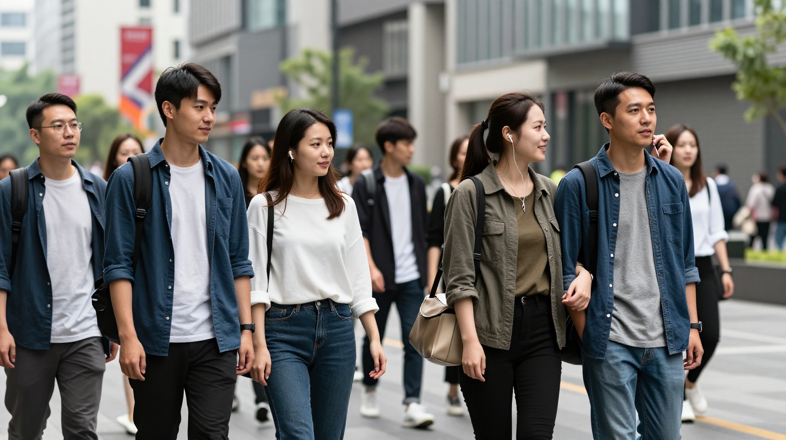 Young Chinese couples interacting casually on a busy urban street, illustrating the normalization of public affection in modern China.