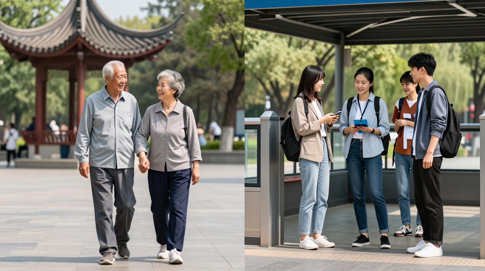 Contrasting generational attitudes towards public affection in China, showing older and younger couples in different urban settings.