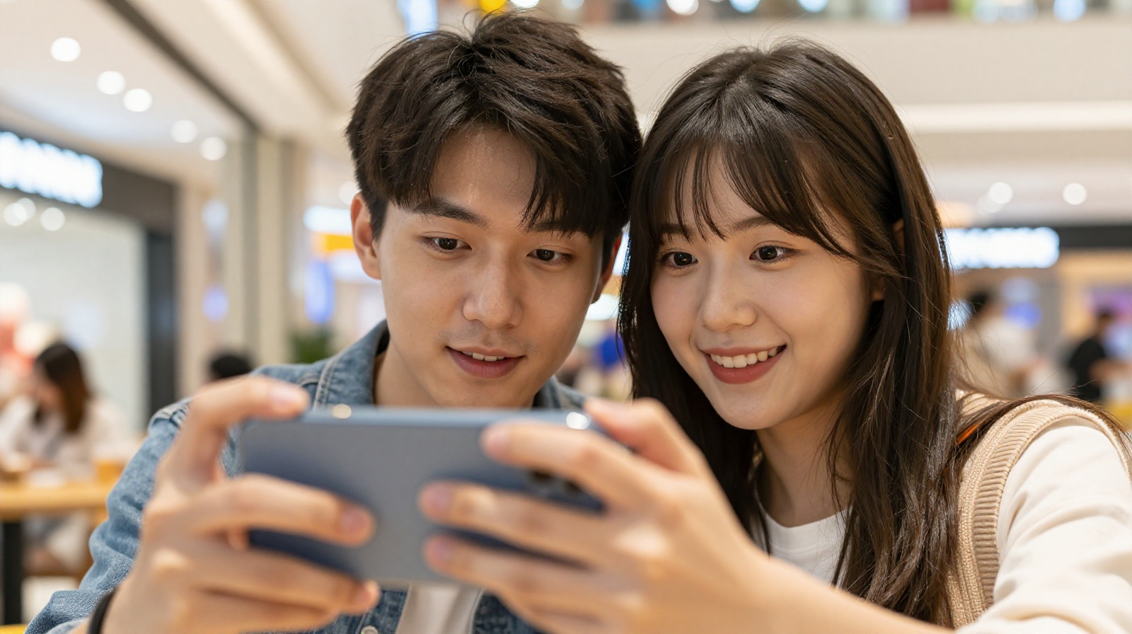 A young Chinese couple taking a selfie in a shopping mall, highlighting the role of social media and consumer culture in modern romance.
