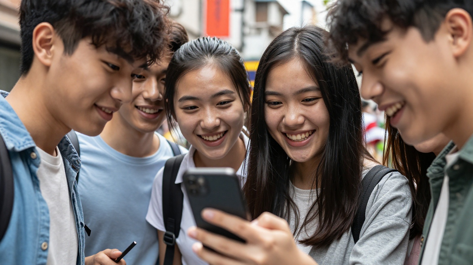 A group of young Chinese people happily looking at a smartphone screen while taking a photo with a visitor on a city street.