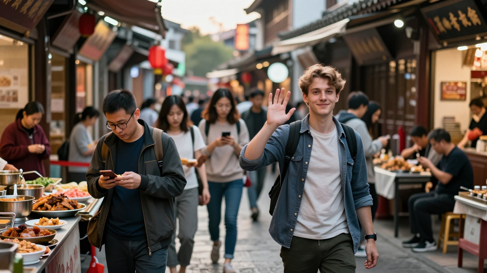 A foreign tourist waving at the camera in a busy Chinese street market, surrounded by curious locals.