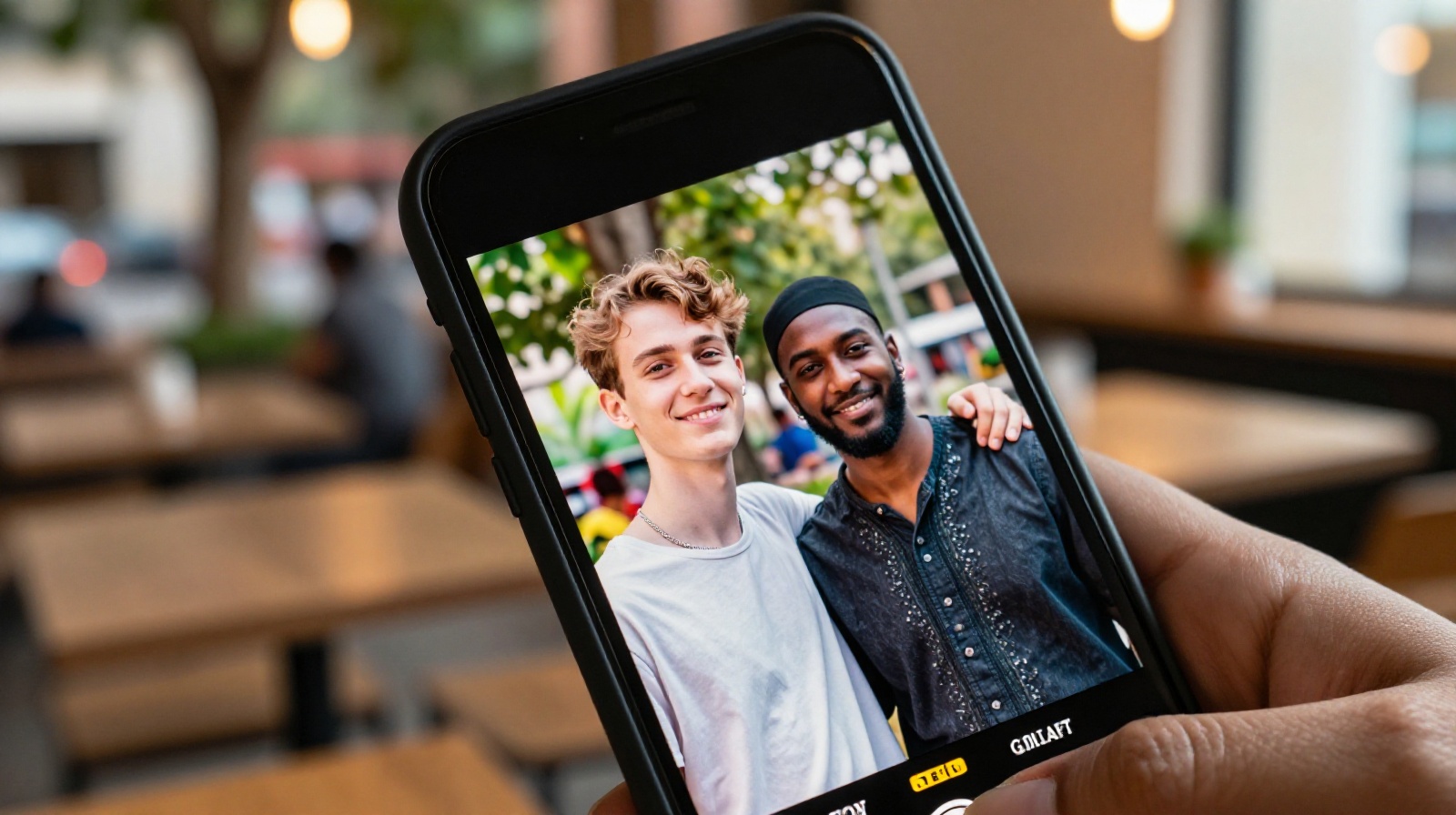 A smartphone screen showing a recent photo taken with a foreigner in a Chinese city park.
