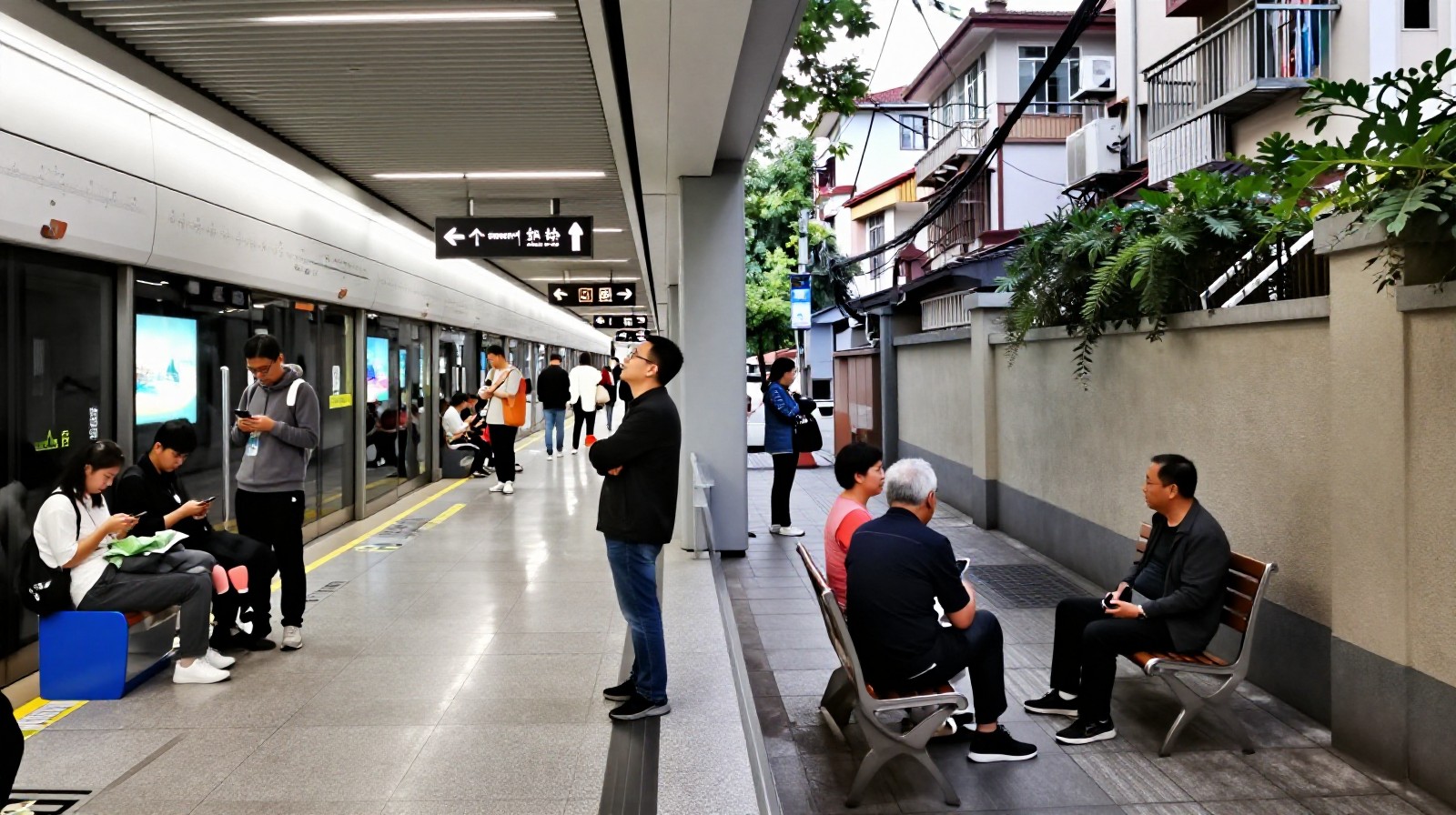 Contrasting urban life: Anonymity in a modern Chinese metropolis versus community interaction in a smaller city neighborhood.