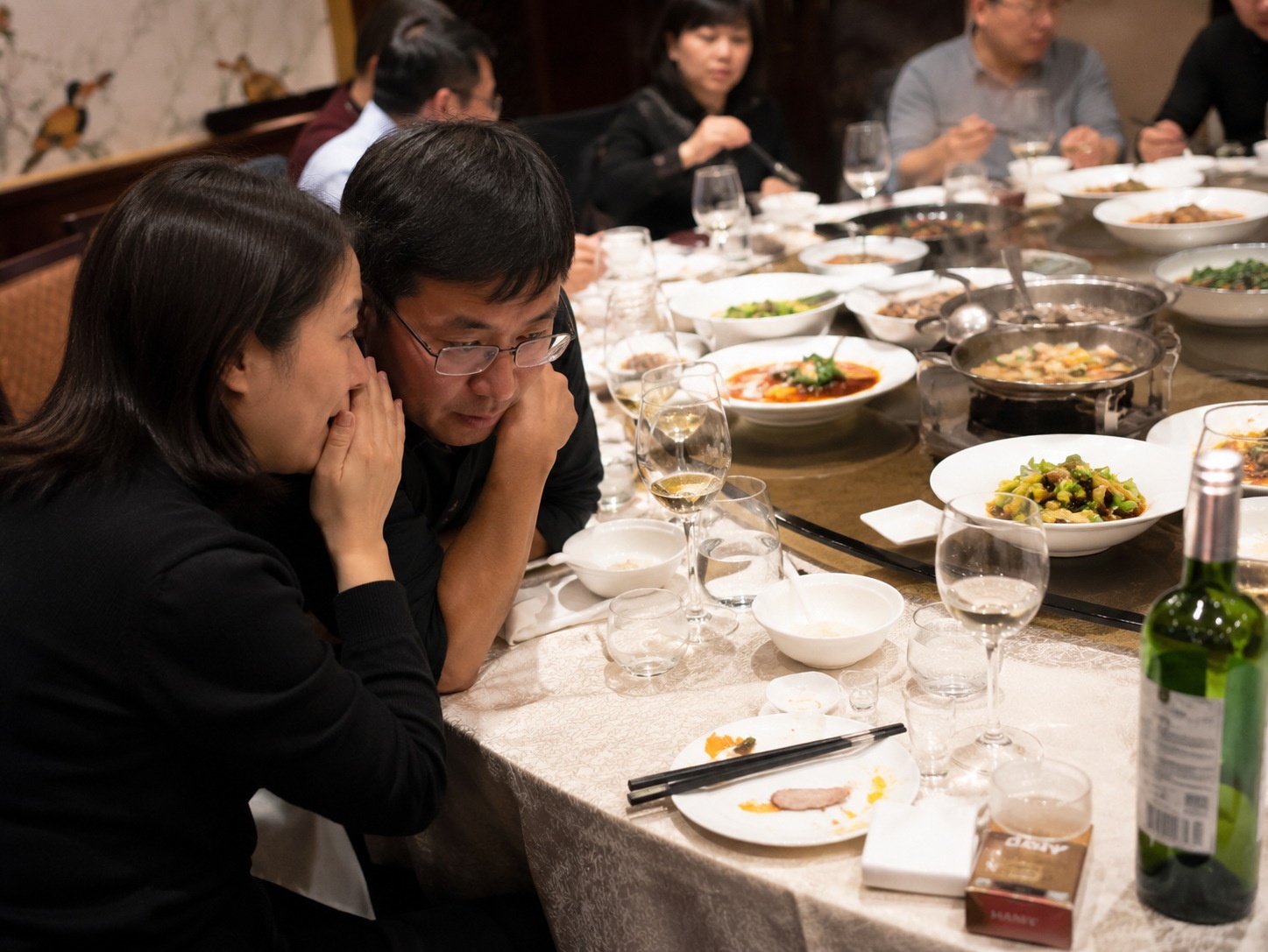 Close-up of a Chinese banquet table where two guests are quietly whispering a plan to leave early