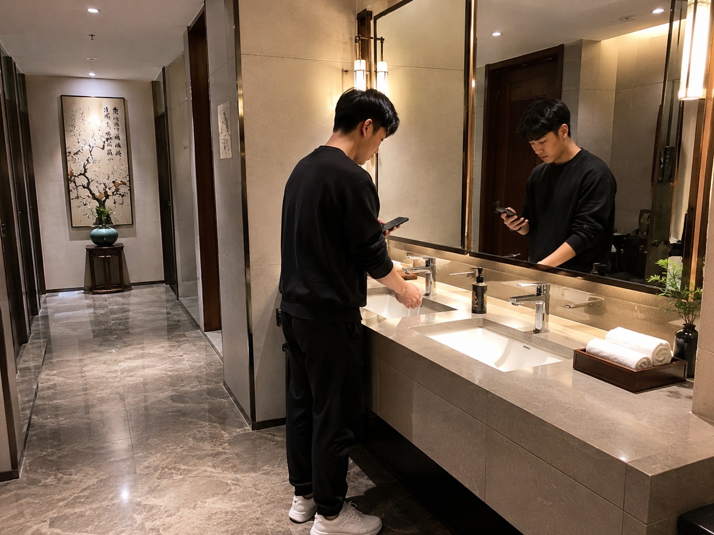 A person using the restroom strategically to create a break before leaving a Chinese dinner party