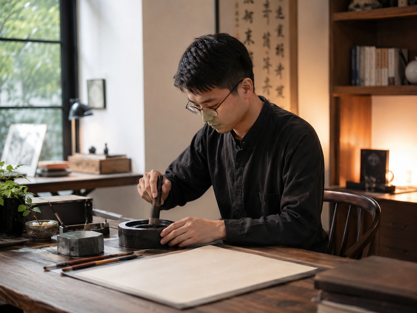 A young urban professional in Shanghai grinding ink for calligraphy, illustrating the middle-class hobbyist market for traditional Chinese tools.