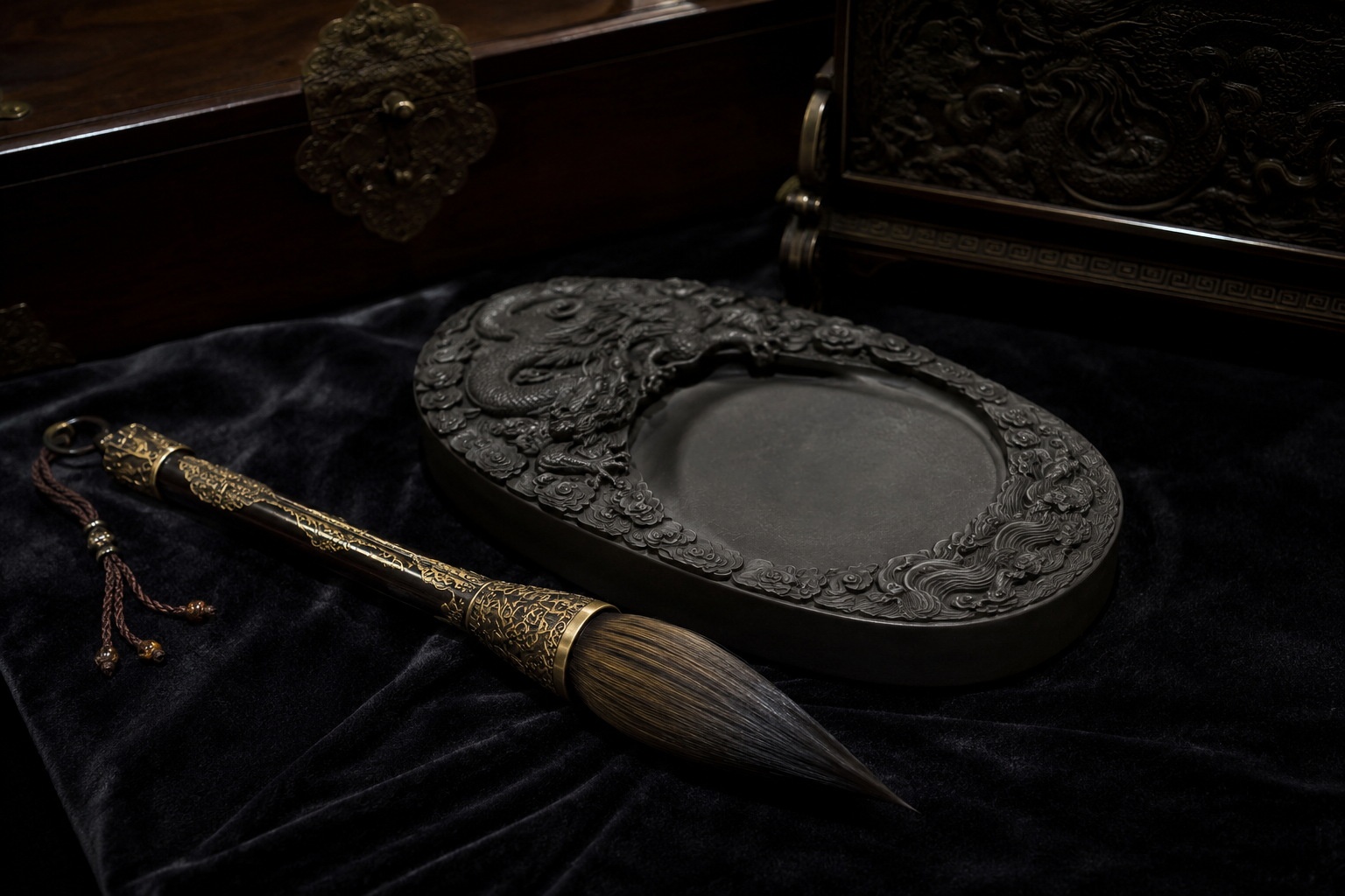 High-end artisanal calligraphy tools and a carved stone inkstone, representing the luxury and investment market for traditional Chinese culture.