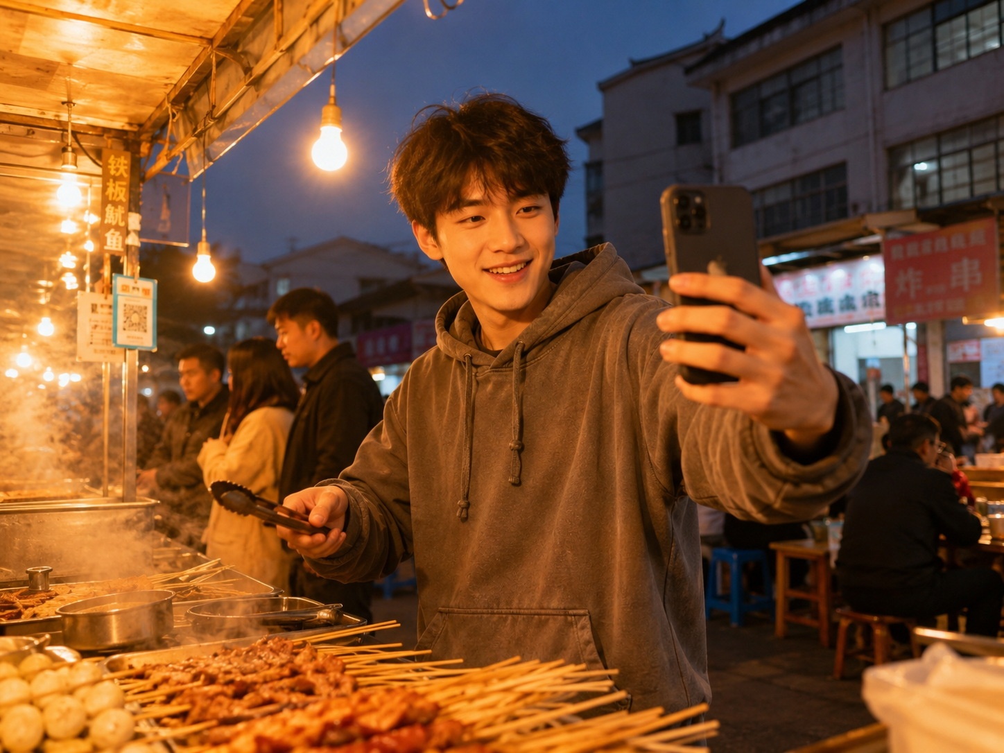 Young Chinese man filming a live stream at a night market food stall in a small town