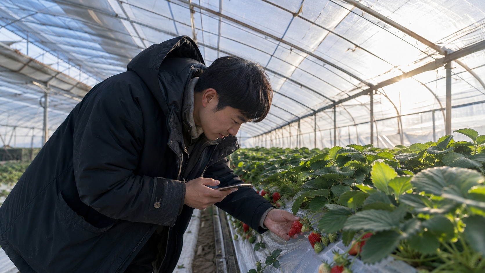 Young farmer streaming live from a greenhouse in rural China