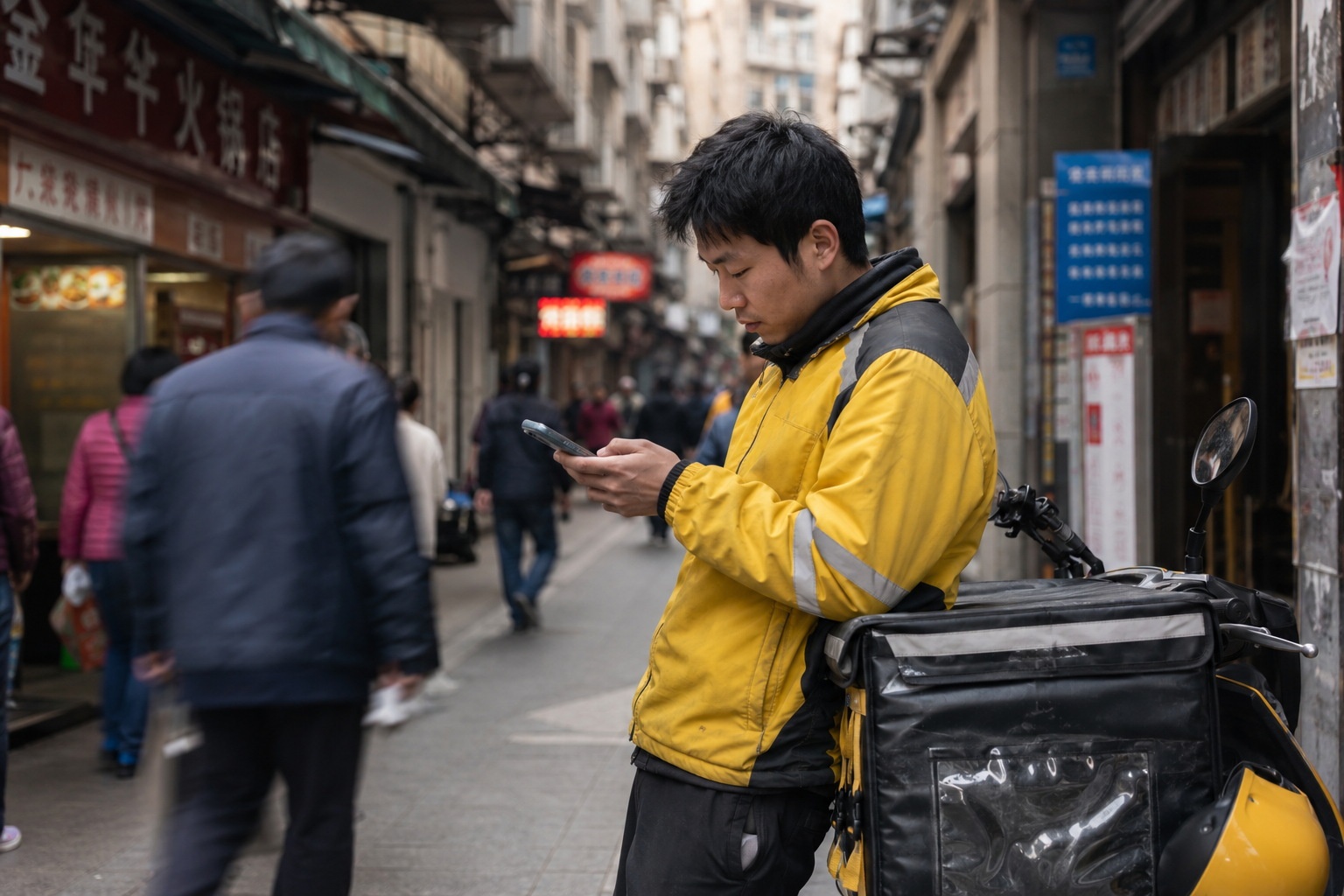 Delivery driver taking a break to check his phone in a busy Chinese city