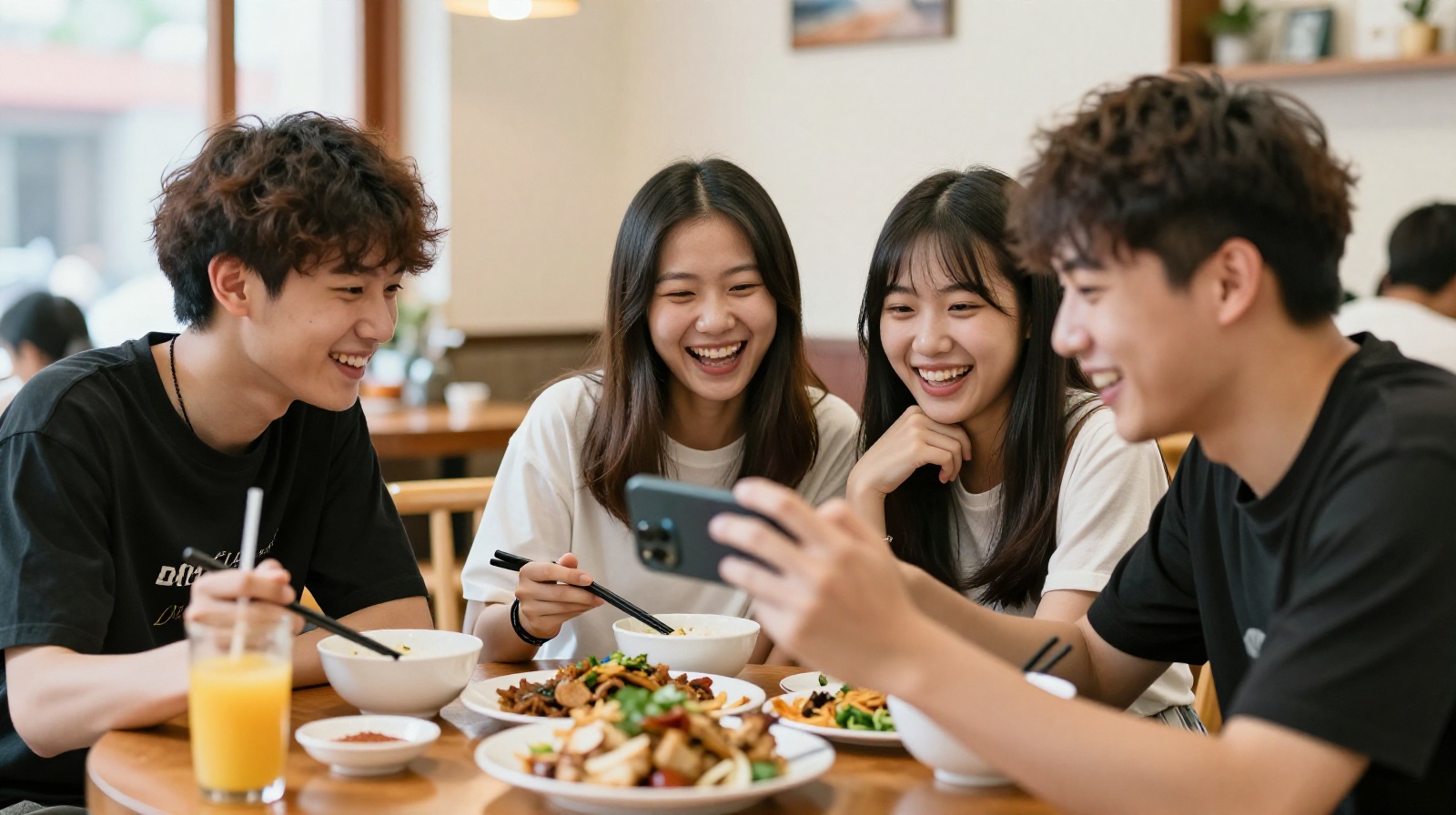 Young friends sharing a meal and taking photos for social media