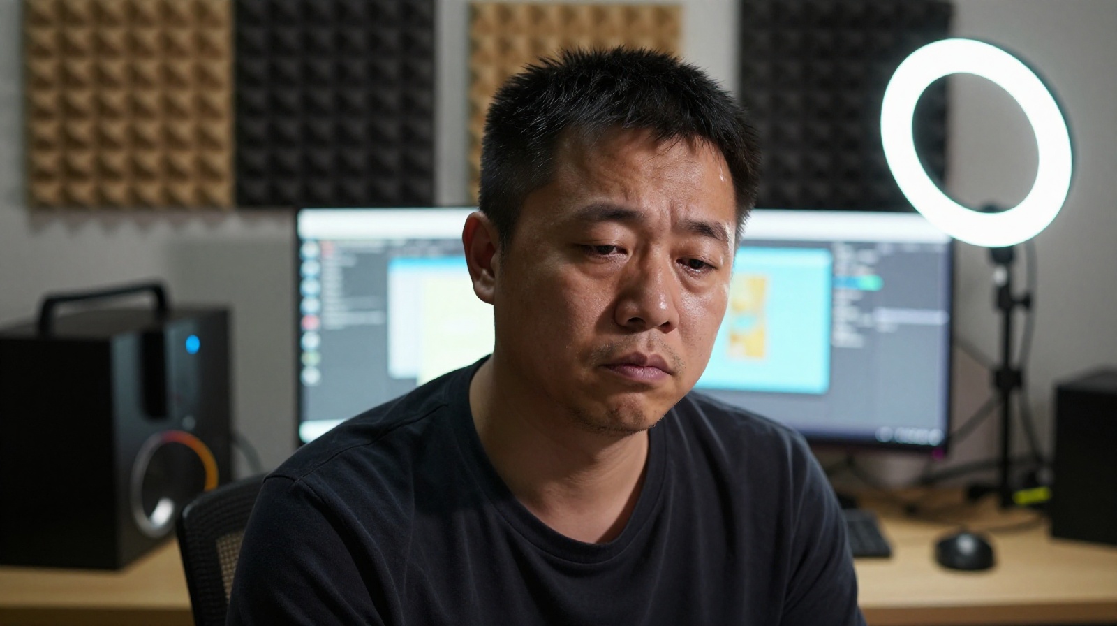 A close-up portrait of a tired Chinese content creator sitting in his small apartment studio, surrounded by tech equipment and acoustic foam, illuminated by the glow of a computer screen.