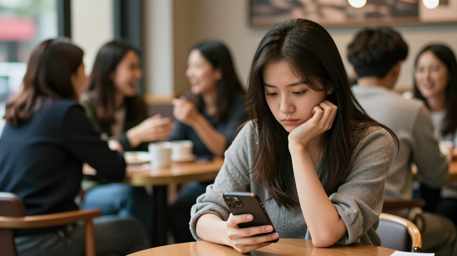 A young Chinese woman sitting alone in a busy cafe, looking at her phone with a lonely expression while others chat in the background.