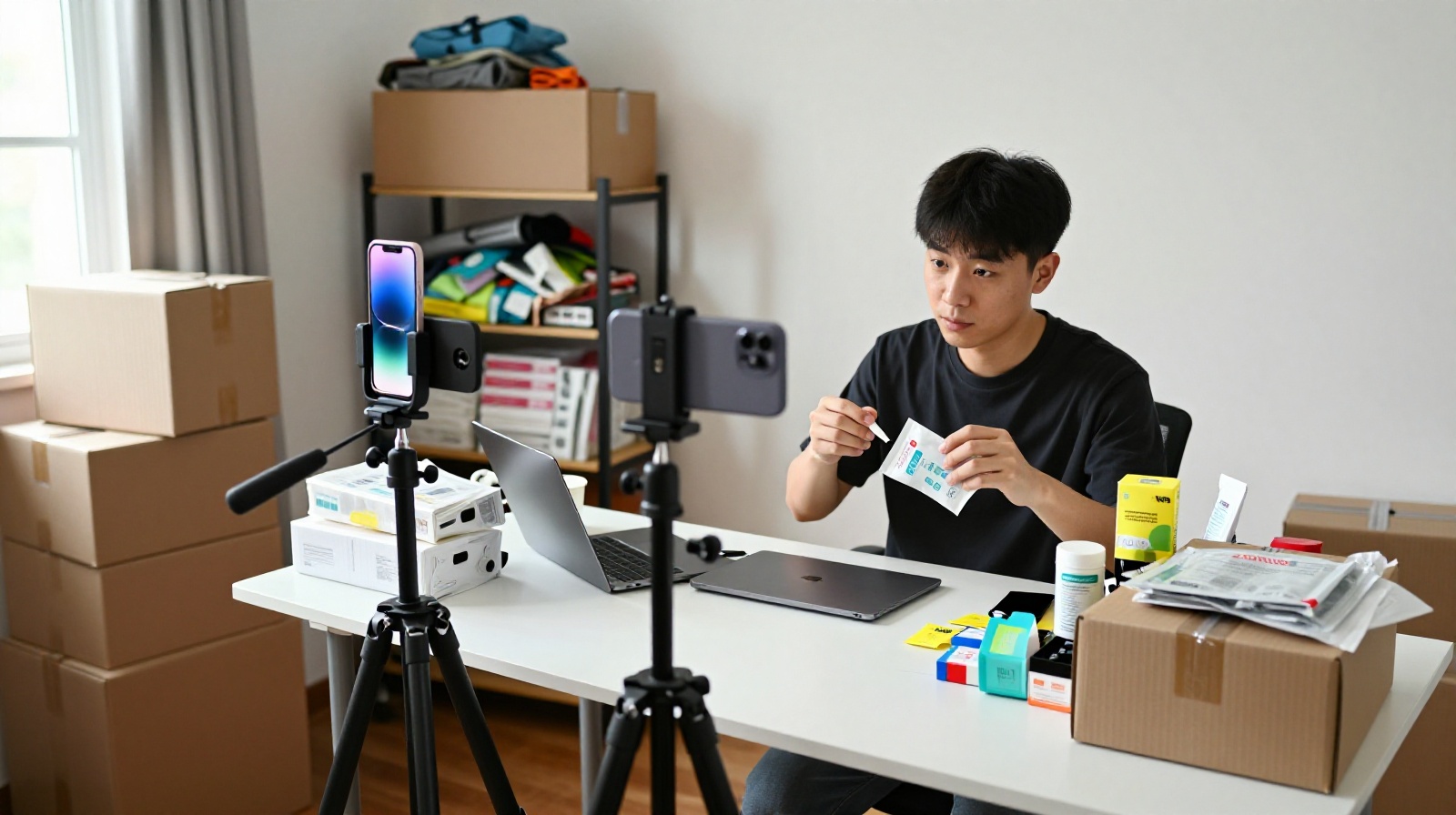 A home office setup for live streaming e-commerce in China, with multiple smartphones and merchandise boxes, showing the business side of content creation.