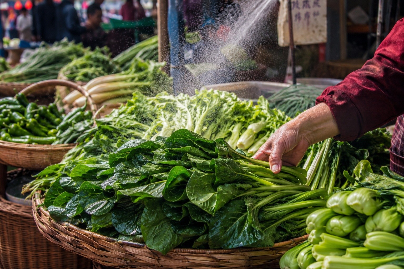 Fresh vegetables displayed in baskets at a traditional Chinese street market, with water mist for freshness