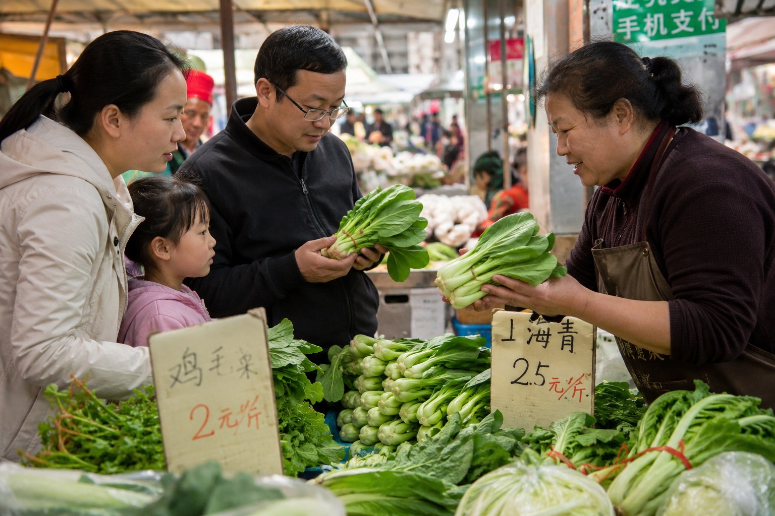 Shoppers comparing prices of fresh vegetables at a local Chinese market