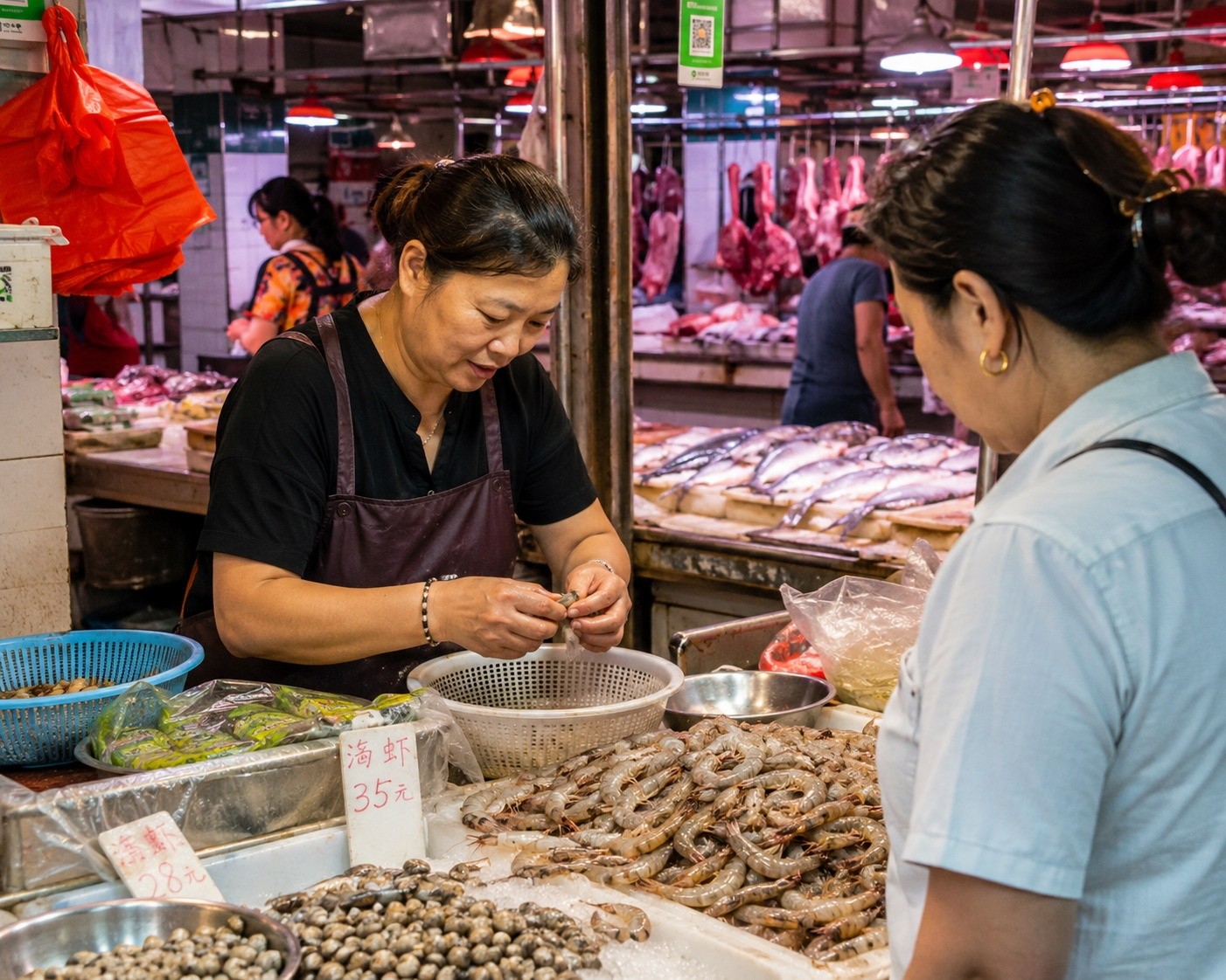 Vendor providing customized preparation services like peeling shrimp at a Chinese wet market