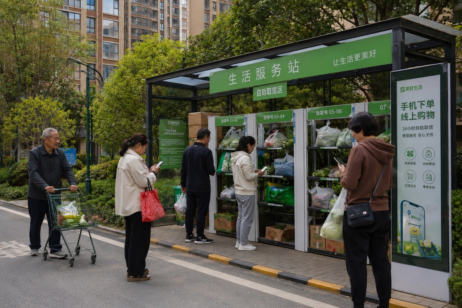 Residents collecting community group-buying groceries at a neighborhood pickup station